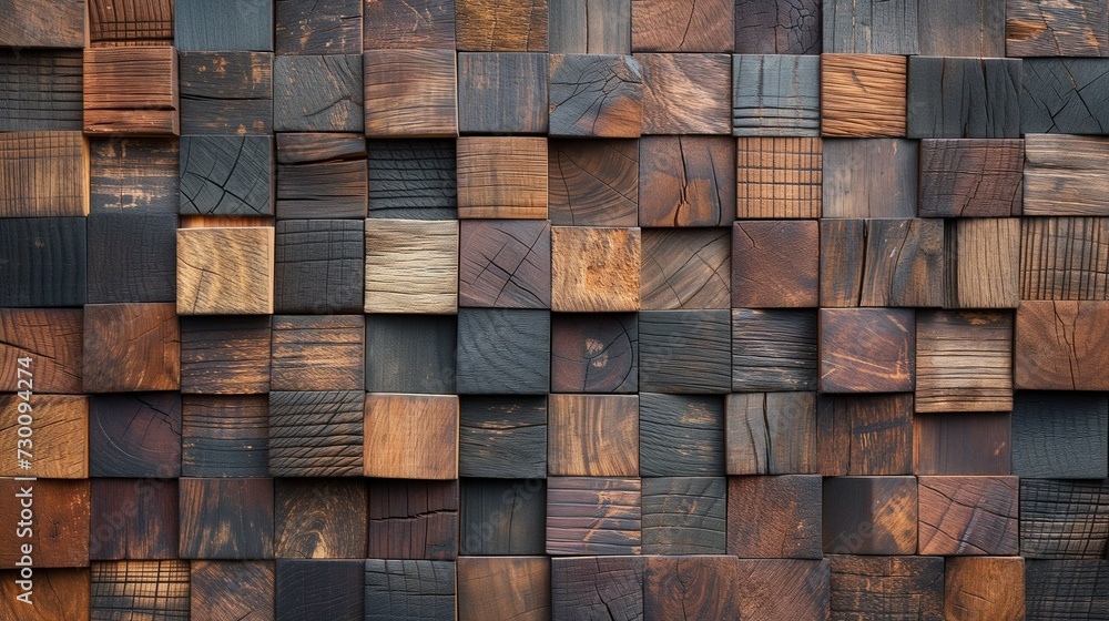 Textured wall made of wooden products with cubic shapes and various shades of wood. Textured wood background, wallpaper for design, covers and postcards Textured wall made of wooden products with cubic shapes and various shades of wood. Textured wood background, wallpaper for design, covers and postcards