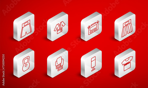 Set line T-shirt with fight club MMA, Japanese costume Kimono, Stopwatch, Boxing short, Punching bag, glove and Kettlebell icon. Vector