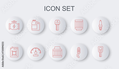 Set line Car key with remote, Canister for gasoline, muffler, Check engine, motor oil, Speedometer and air filter icon. Vector