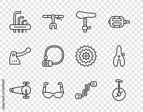 Set line Bicycle chain with gear, Unicycle or one wheel bicycle, seat, Sport cycling sunglasses, Tool allen keys, lock, pedals and icon. Vector