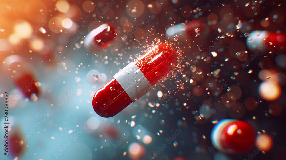 Pills flying concept,colorful pills depicting addiction risk - obrazy, fototapety, plakaty 
