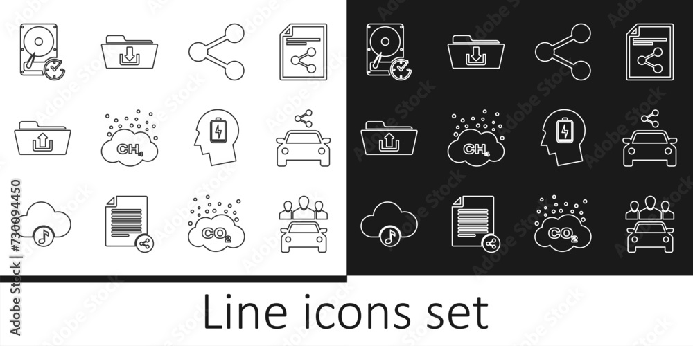 Set line Car sharing, Share, Methane emissions reduction, Folder upload, Hard disk drive with clockwise, Head low battery and download icon. Vector