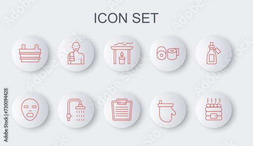 Set line Hot sauna stones, Facial cosmetic mask, Aroma candle, Sauna mittens, bucket, Man in the, Shower and Bathroom scales icon. Vector