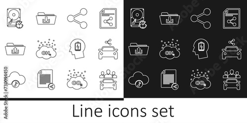 Set line Car sharing, Share, Methane emissions reduction, Folder upload, Hard disk drive with clockwise, Head low battery and download icon. Vector