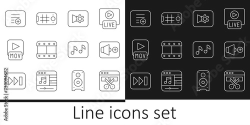 Set line Video recorder or editor, Speaker volume, Music video settings, Play, MOV file, Add playlist, note, tone and Selfie mobile icon. Vector