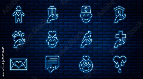 Set line Blood donation, Heart with cross, Male doctor, Volunteer, Animal volunteer, Donation water and Give gift icon. Vector