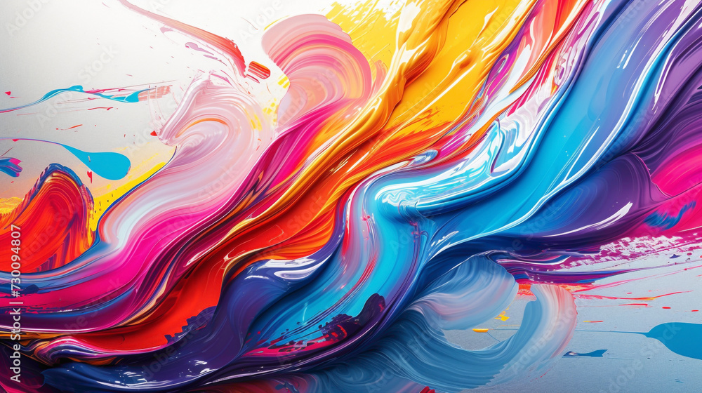 The dance of bold, vivid strokes producing a fluid and lively gradient wave, portraying the harmonious interplay of energy within a modern, minimalist environment.