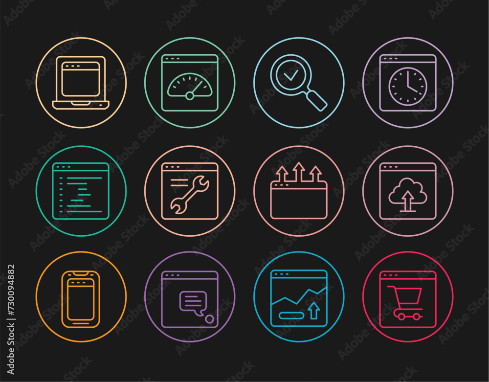 Set line Online shopping on screen, Cloud upload, Magnifying glass with check mark, Browser setting, window, Laptop browser, and Digital speed meter icon. Vector Set line Online shopping on screen, Cloud upload, Magnifying glass with check mark, Browser setting, window, Laptop browser, and Digital speed meter icon. Vector