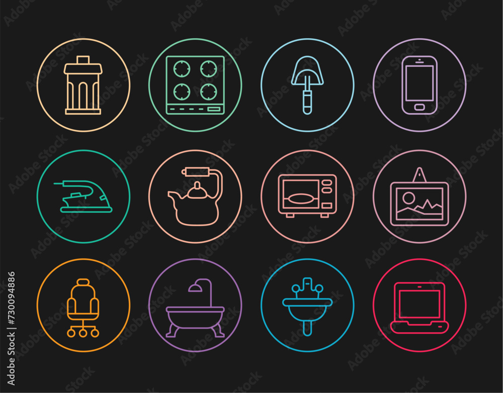 Set line Laptop, Picture, Spatula, Kettle with handle, Electric iron, Trash can, Microwave oven and Gas stove icon. Vector