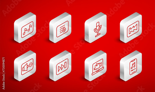 Set line Music player, Add to playlist, Microphone, Rewind button, Online video, note, tone, Fast forward and Speaker mute icon. Vector