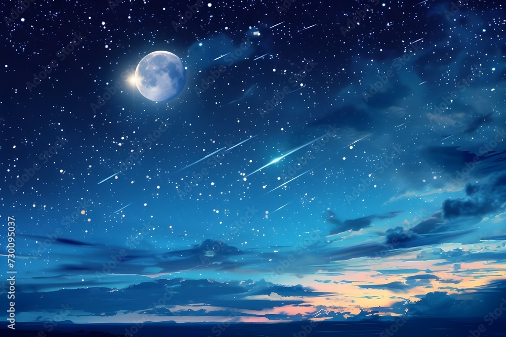 night sky moon and meteor shower Fairytale images, romance, beauty.Generative AI night sky moon and meteor shower Fairytale images, romance, beauty.Generative AI