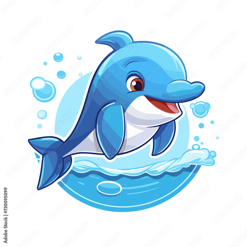 Obraz premium Cute anime-style dolphin flat vector illustration logo