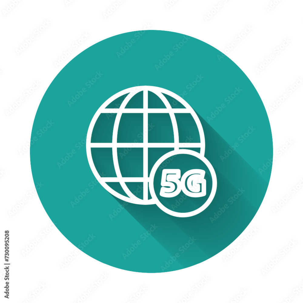 White line 5G new wireless internet wifi connection icon isolated with long shadow. Global network high speed connection data rate technology. Green circle button. Vector White line 5G new wireless internet wifi connection icon isolated with long shadow. Global network high speed connection data rate technology. Green circle button. Vector