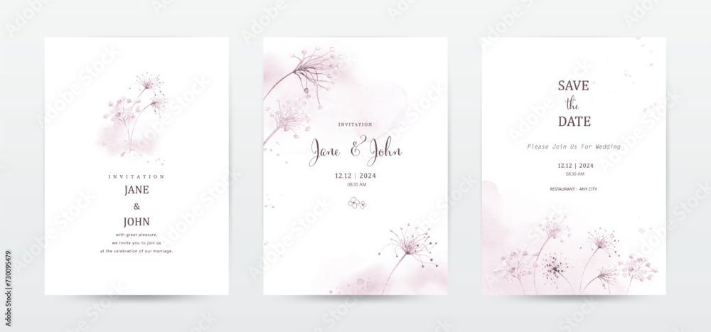Set of invitation template cards with botanical and watercolor stains