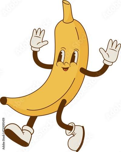 Vintage smiling banana mascot vector illustration. Happy retro cartoon tropical fruit character. Groovy style.