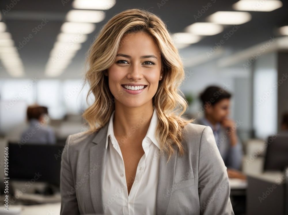 Smiling Woman in Office, a Positive and Professional Workplace Image. Generative AI.