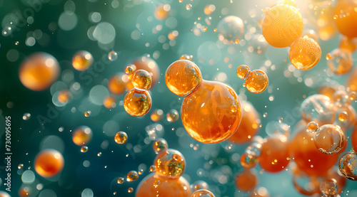 Orange bubbles and water falling on a green background, in the style of organic biomorphic forms. photo