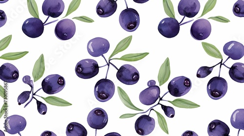 Acai berries pattern on white background, watercolor style painting