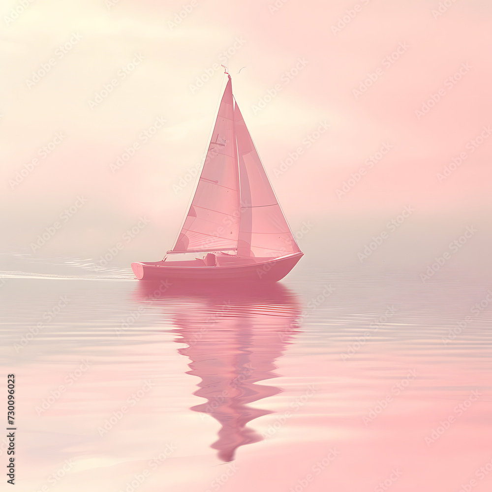 3d close-up of pink boat, ship on river, beautiful scenery