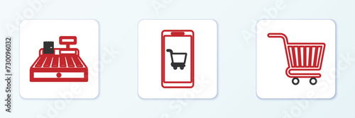 Set line Shopping cart, Cash register machine and Mobile and shopping icon. Vector
