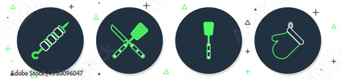 Set line Crossed knife and spatula, Barbecue, Grilled shish kebab and Oven glove icon. Vector