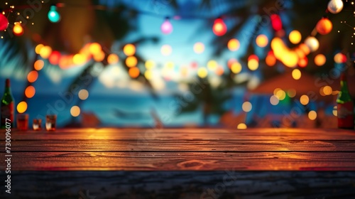 Blurred beach bar top background at sunset. Chairs, palm trees, warm string lights, with ocean waves and a colorful sky.