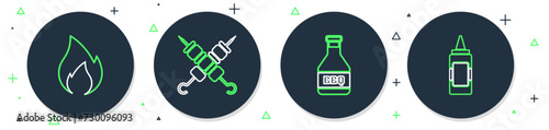 Set line Grilled shish kebab, Ketchup bottle, Fire flame and Mustard icon. Vector
