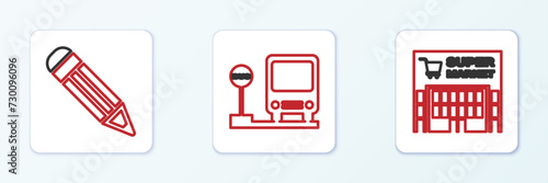 Set line Supermarket building, Pencil and Bus stop icon. Vector