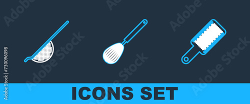 Set line Grater, Kitchen colander and whisk icon. Vector