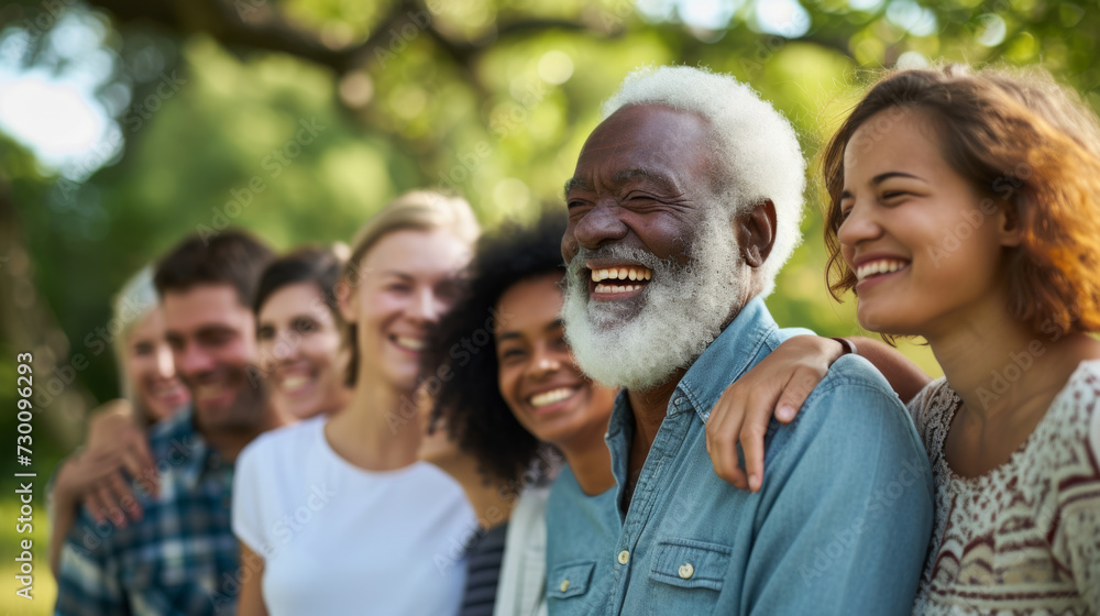 diverse group of people, including two older men and three younger women, are laughing and embracing each other