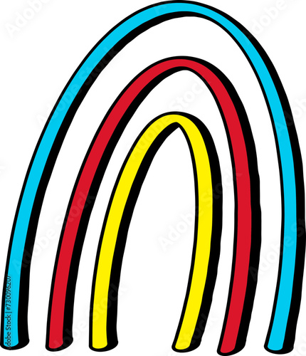 Drei handgezeichnete Bögen in Gelb, Rot, Blau und Schwarz