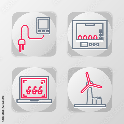 Set line Wind turbine, Smart farming technology, Incubator for eggs and Sensor icon. Vector