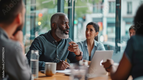 group of diverse professionals engaging in a collaborative and lively discussion around a table in an office setting