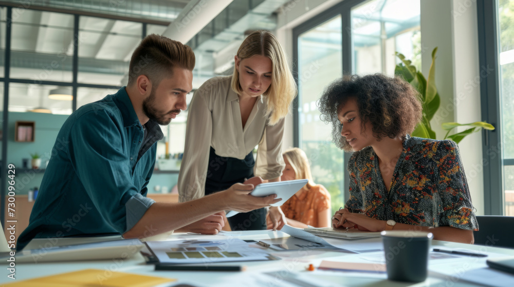 professionals are engaged in a discussion over a tablet and documents at a modern office table. professionals are engaged in a discussion over a tablet and documents at a modern office table.
