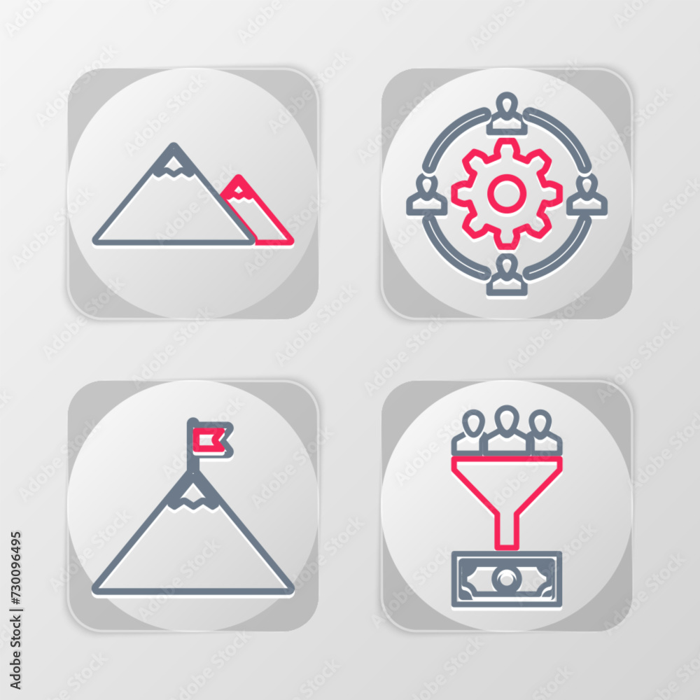 Set line Lead management, Mountains and flag, Outsourcing concept and icon. Vector Set line Lead management, Mountains and flag, Outsourcing concept and icon. Vector
