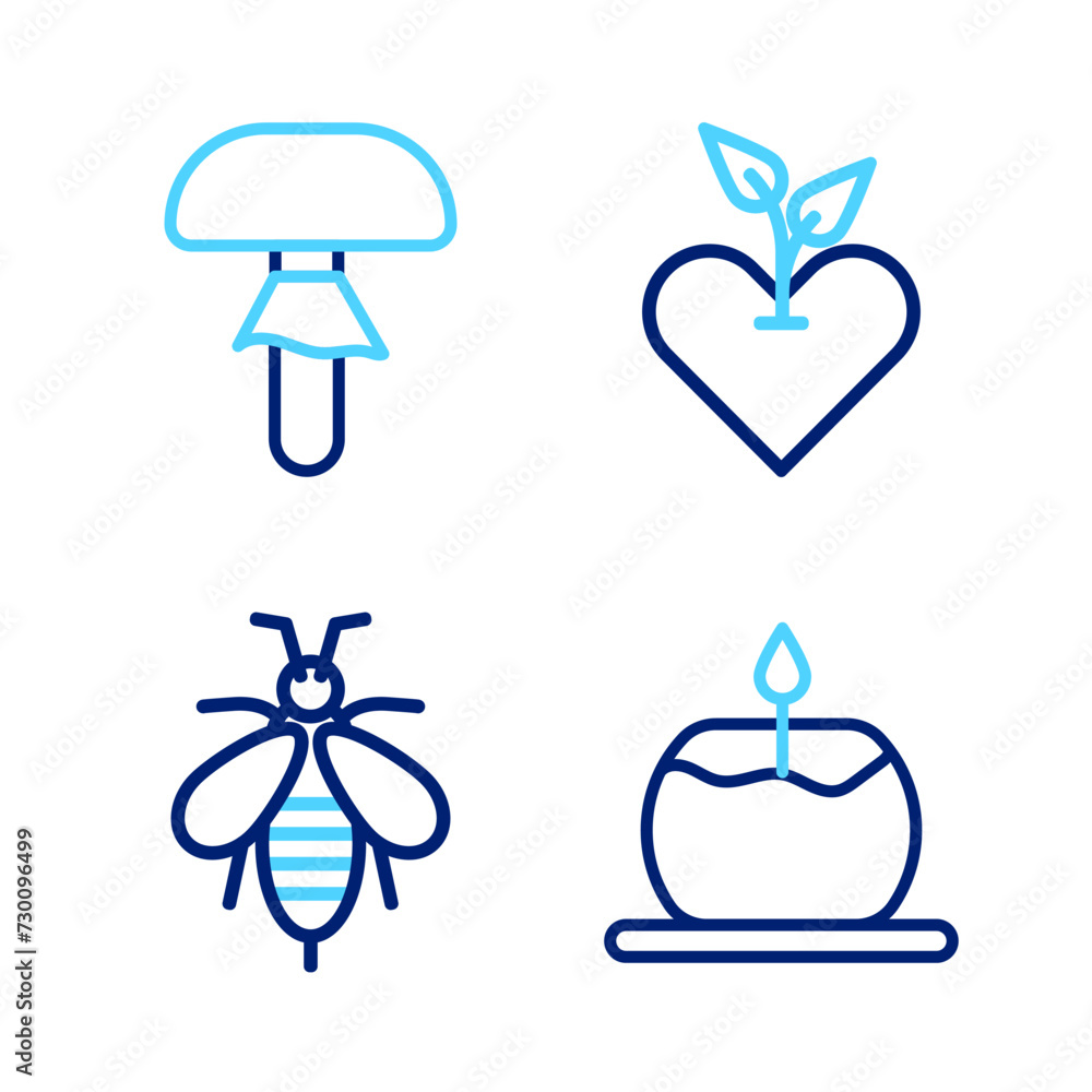 Set line Aroma candle, Bee, Heart and Mushroom icon. Vector