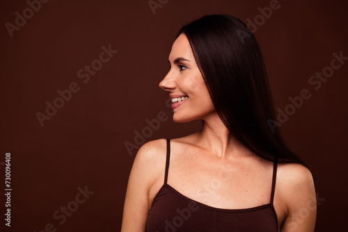Wallpaper Mural Photo portrait no filter of lovely young lady look empty space toothy smile dressed stylish underwear isolated on brown color background Torontodigital.ca