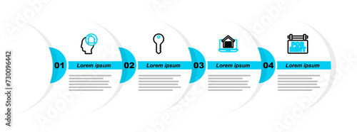 Set line Hanging sign with For Rent, Online real estate house, House key and Man dreaming about buying icon. Vector