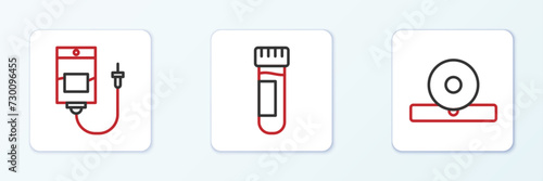 Set line Otolaryngological head reflector, IV bag and Test tube with blood icon. Vector