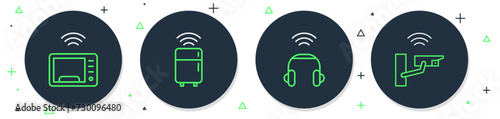Set line Smart refrigerator, headphones, microwave oven and security camera icon. Vector