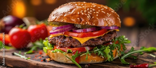 Beefy cheeseburger on table with veggies