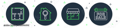 Set line Search house, Market store, House plan and Hanging sign with For Sale icon. Vector