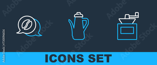 Set line Manual coffee grinder, Coffee and conversation and Teapot icon. Vector