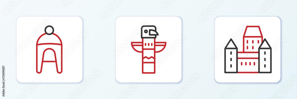 Set line Chateau Frontenac hotel, Winter and Canadian totem pole icon. Vector Set line Chateau Frontenac hotel, Winter and Canadian totem pole icon. Vector