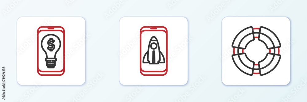 Set line Business lifebuoy, Light bulb with dollar on mobile and Startup project concept icon. Vector Set line Business lifebuoy, Light bulb with dollar on mobile and Startup project concept icon. Vector