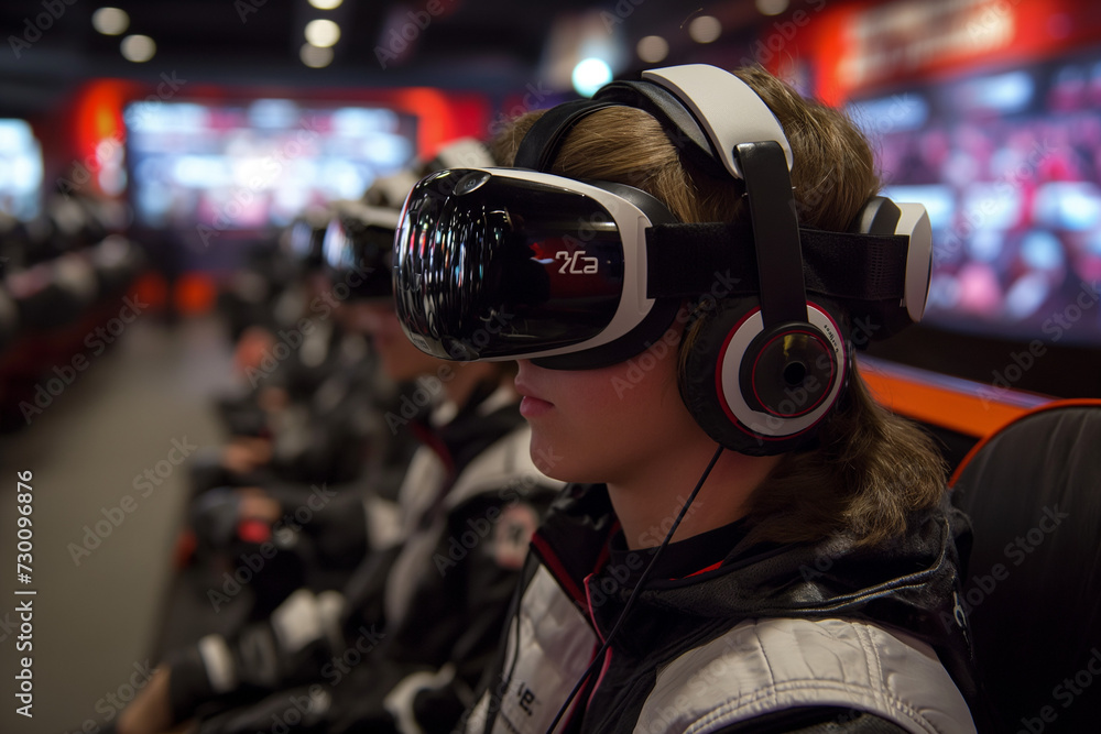 Woman wearing VR eyewear neon light Woman wearing VR eyewear neon light