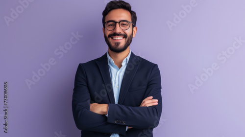 a smiling person wearing glasses and a suit, standing with arms crossed in front of a purple background, exuding confidence and professionalism