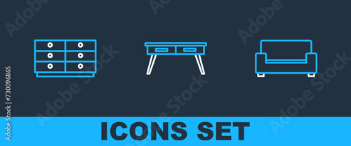 Set line Sofa, Chest drawers and Office desk icon. Vector