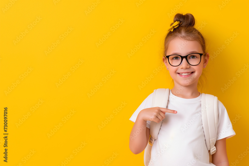 portrait of a little girl in eyeglasses from school on yellow background portrait of a little girl in eyeglasses from school on yellow background