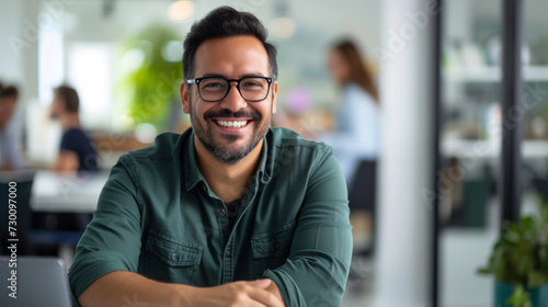 A smiling man with glasses is sitting in a casual office setting, exuding confidence and satisfaction. © MP Studio